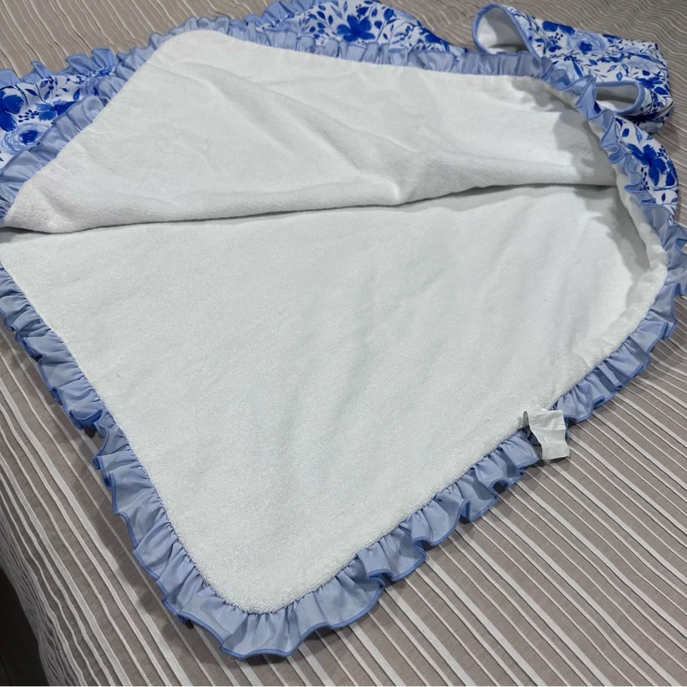Southern Saint Smocks Blue Floral Ruffles Smocked hooded towel Luna monogram